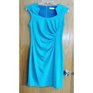Calvin Klein Dress Sz 8 Back Zip Sheath Ruching Teal Blue Wedding